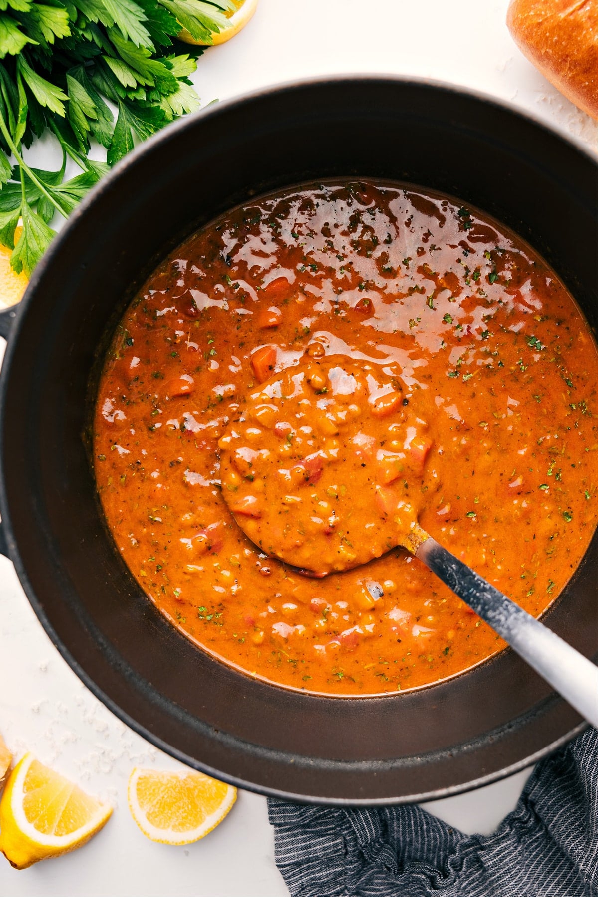 Mediterranean Lentil Soup in the pot ready to be enjoyed.