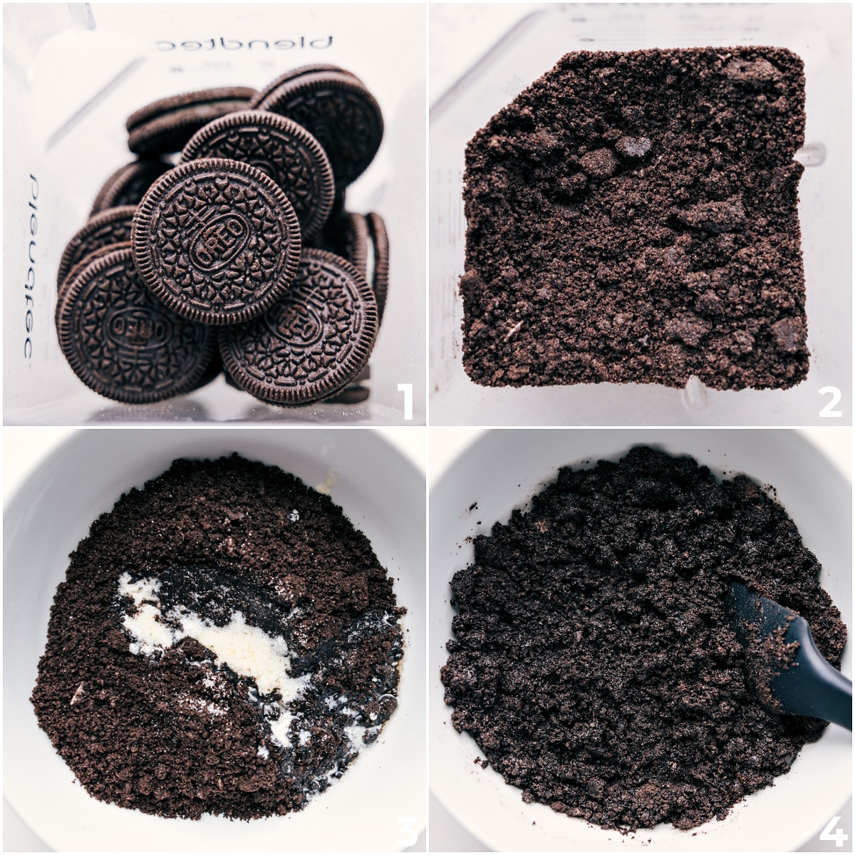 How To Make This Oreo Pie Crust Recipe Oreos blended into crumbs with butter and salt added for an Oreo pie crust recipe.