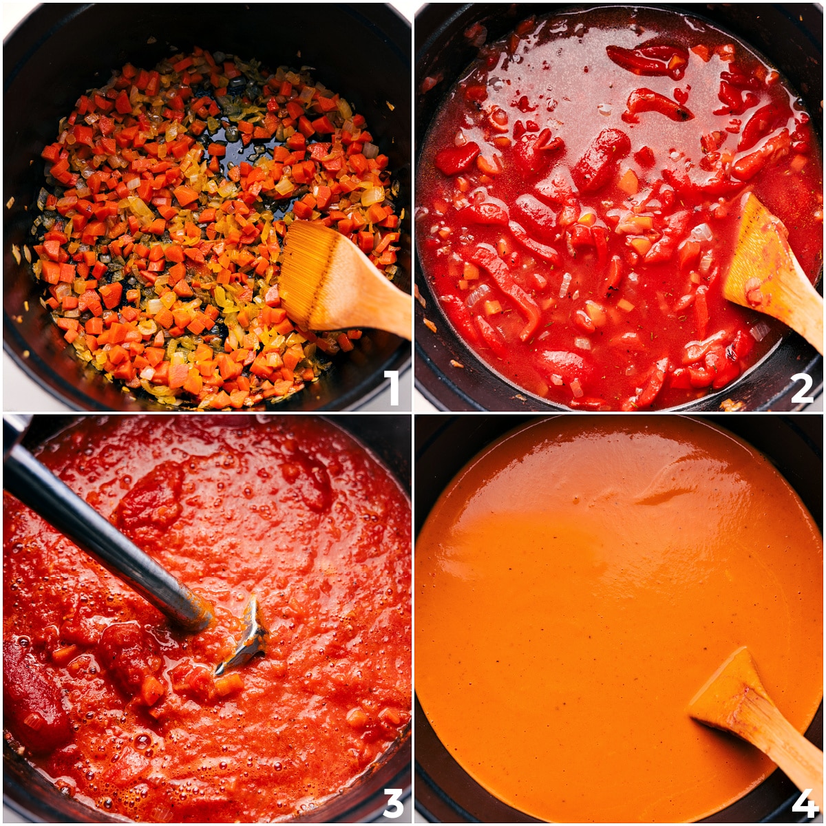 How To Make Roasted Red Pepper Gouda Soup Sautéed veggies with tomatoes, broth, and roasted red peppers blending together in the pot for roasted red pepper gouda soup.