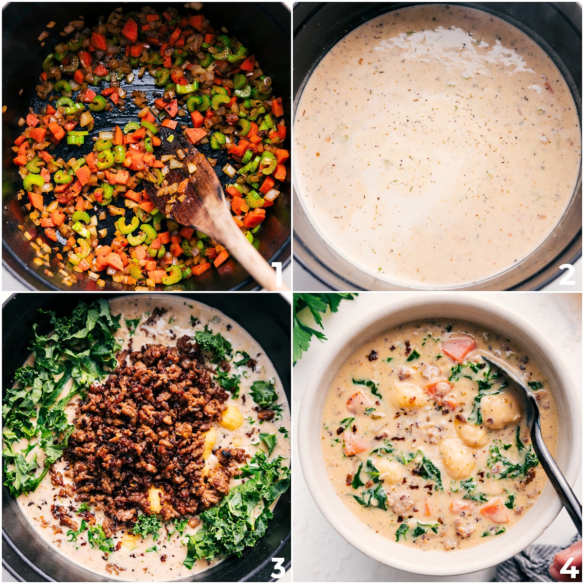 How To Make Sausage Gnocchi Soup Veggies sautéing, creamy base simmering, then sausage and kale stirred in for sausage gnocchi soup.