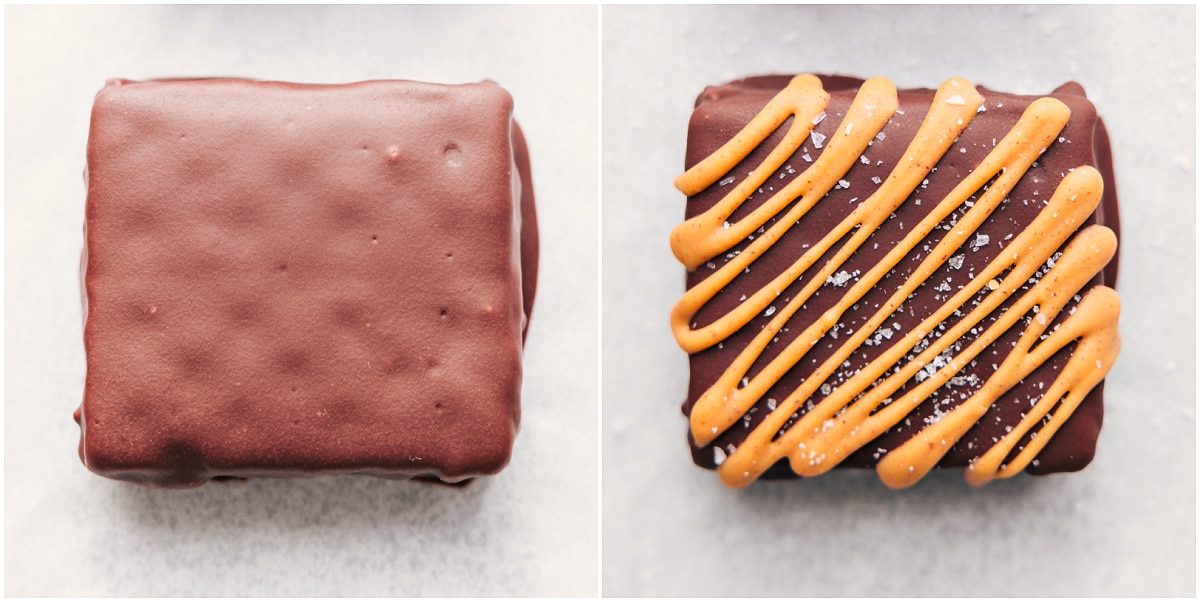 The Best Peanut Butter Chocolate Treat: Buckeye Graham Crackers The treat dipped in chocolate and then drizzled with peanut butter on top and flaky sea salt for a delicious sweet and salty treat.