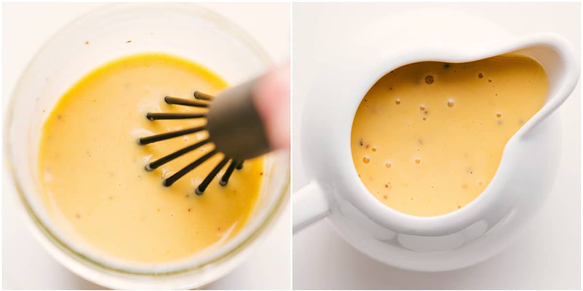 Dressing whisked together in a bowl and added to a dressing pitcher for this Brussel sprout salad recipe.