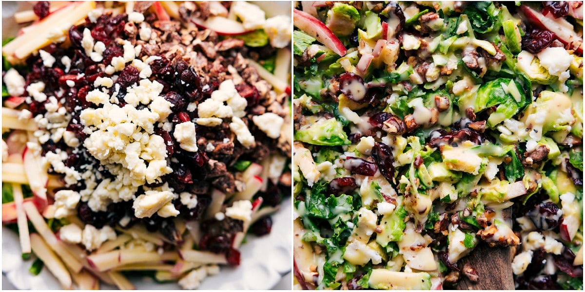 All the ingredients for this Brussel sprout salad recipe in a bowl tossed together with dressing.