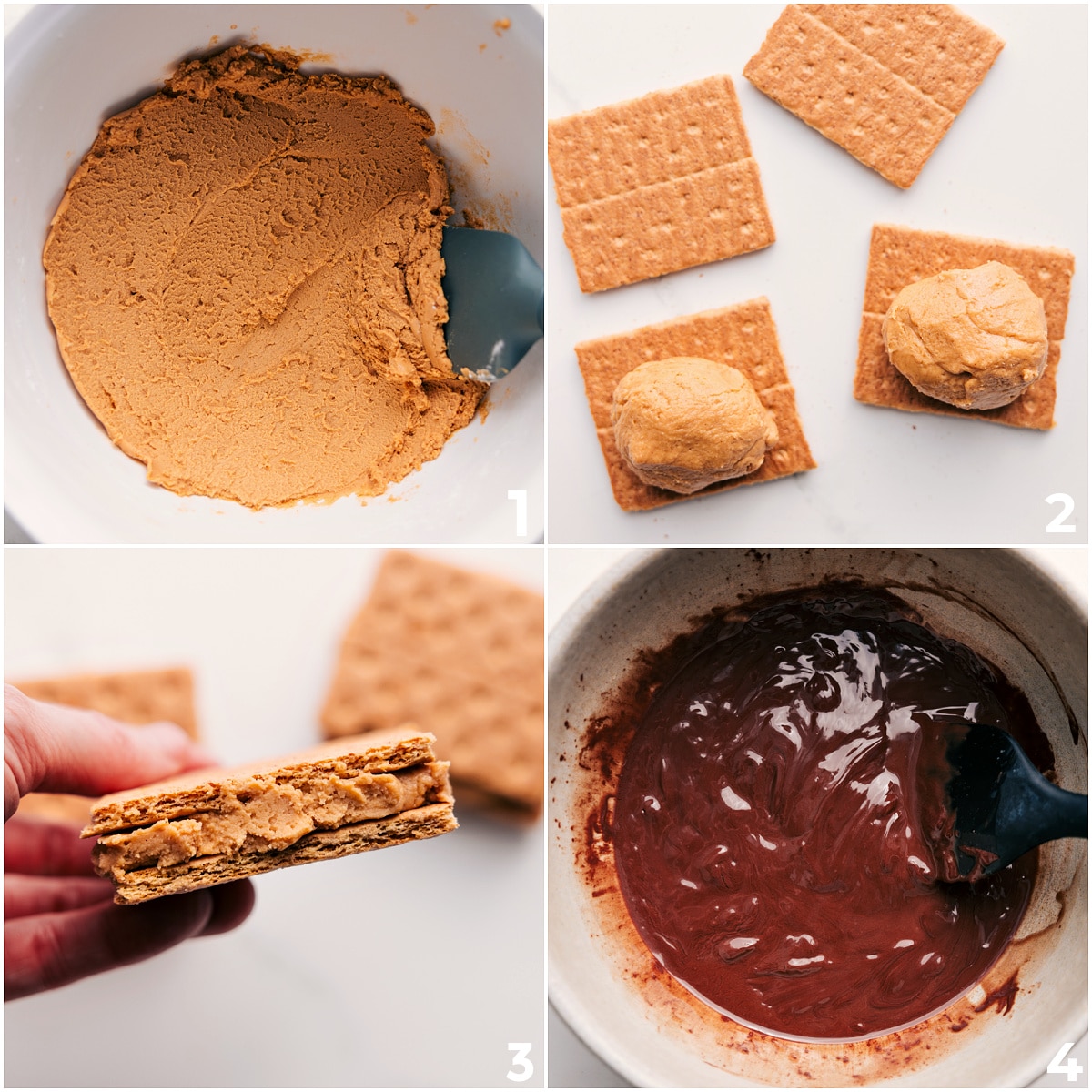 How To Make Buckeye Graham Crackers The peanut butter filling being mixed together and then spread between two graham crackers and it all being dipped in chocolate for these buckeye graham crackers.