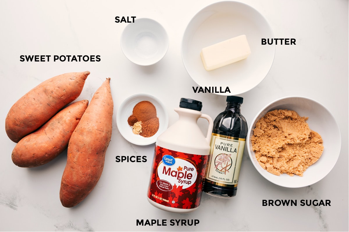 Ingredients In Candied Yams Recipe All the ingredients in this recipe prepped out for easy assembly including the sweet potatoes, salt, spices, maple syrup, butter, vanilla, and brown sugar.