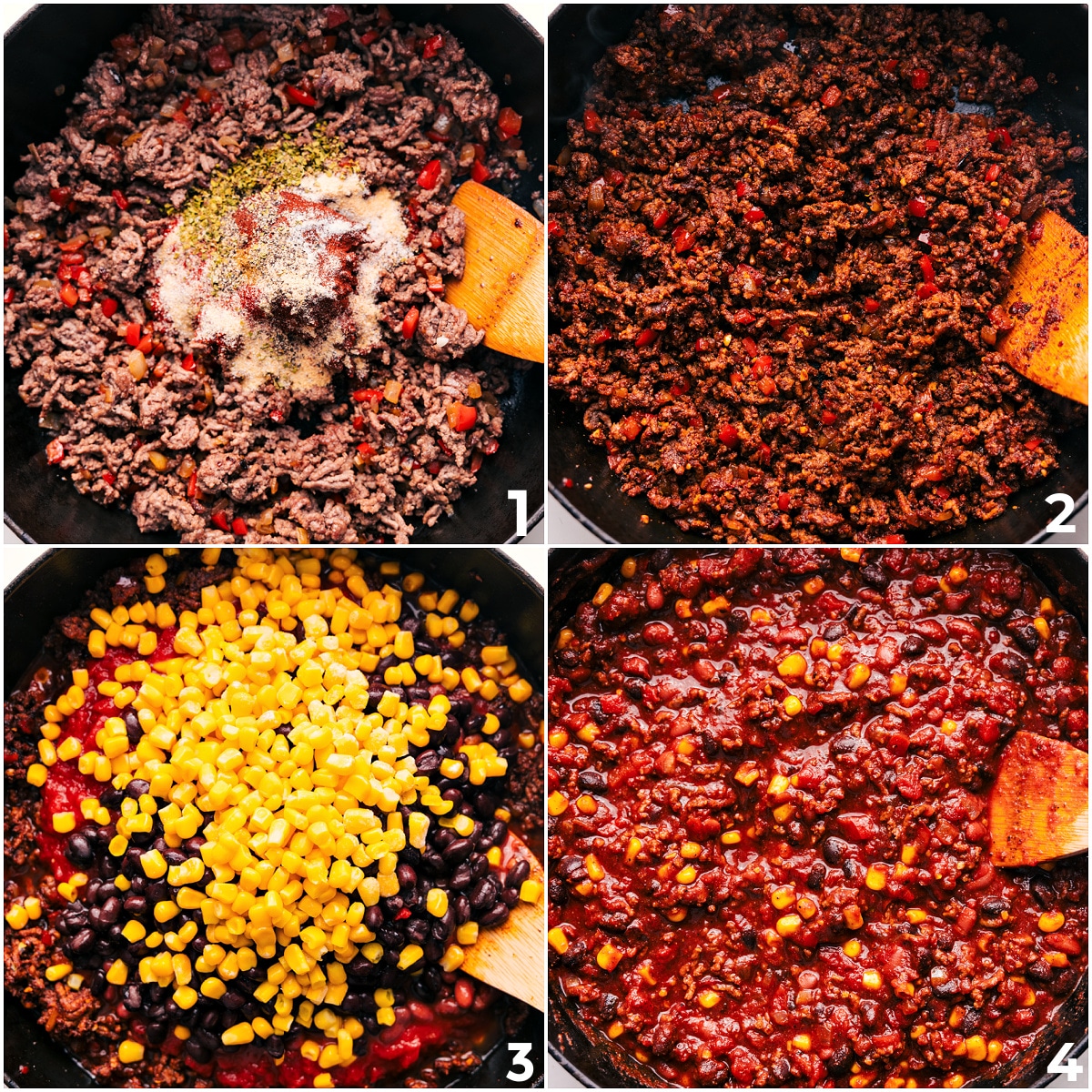 How To Make Cornbread Casserole Recipe The beef being browned through and seasonings being added in then tomatoes, black beans, and corn mixed into it for this cornbread casserole recipe.