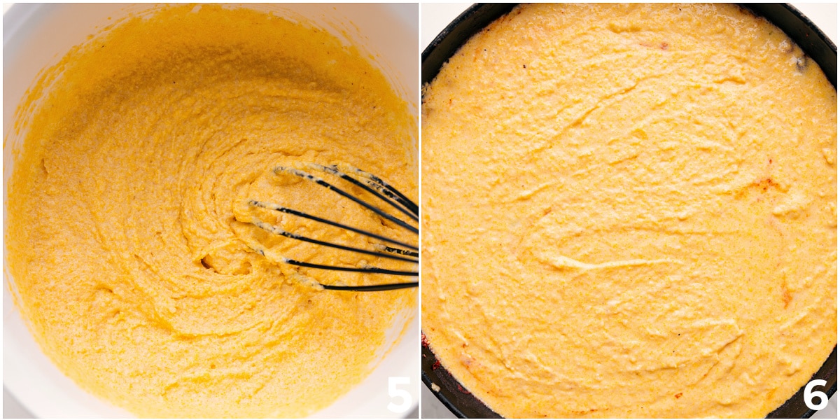 Cornbread Layered On Top Of Chili For A Delicious Cornbread Casserole The cornbread recipe whisked together in a bowl and then poured over the chili dish to be baked together.