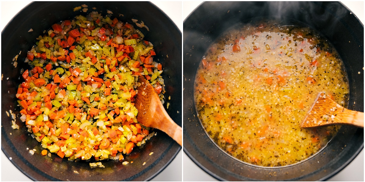 The veggies being sautรฉed and then the rest of the pastina soup ingredients being added to the pot to cook through.