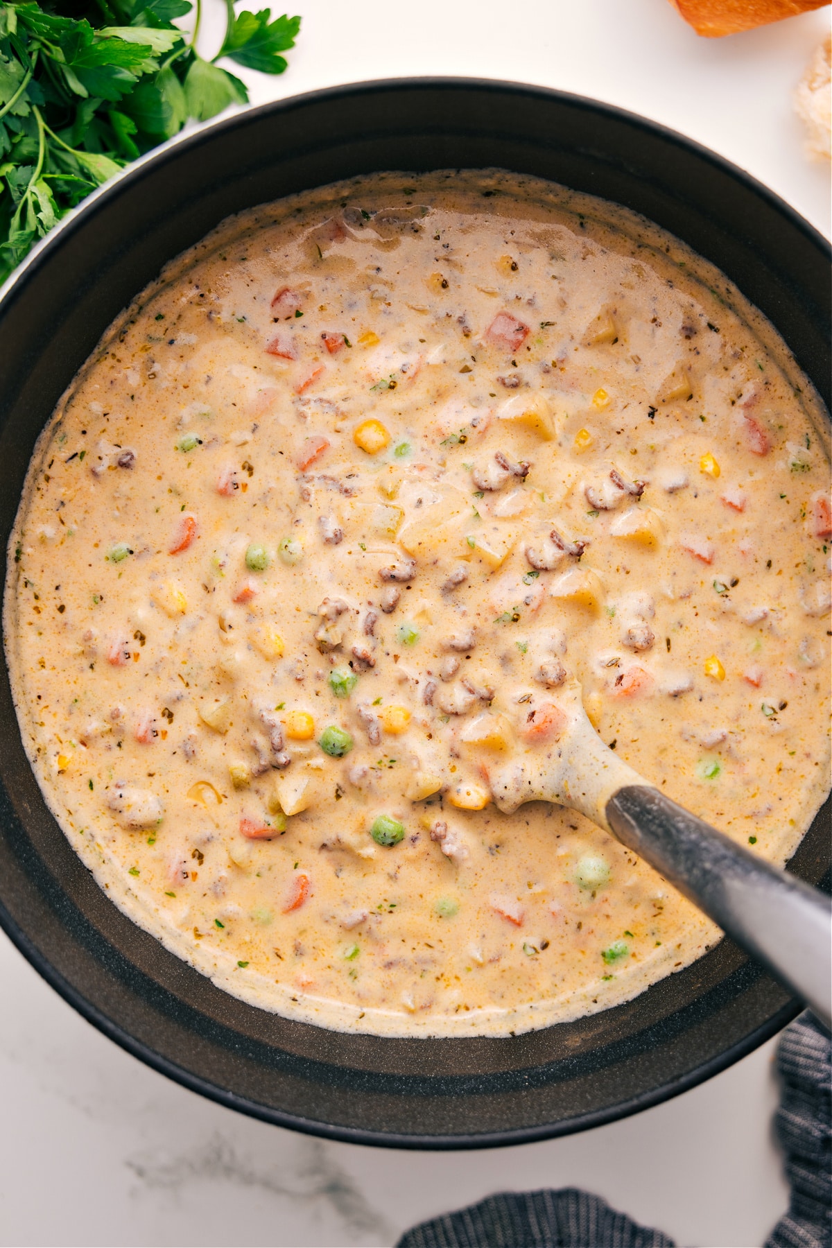 One Pot Shepherd's Pie Soup Recipe Shepherd's Pie Soup in a pot ready to be enjoyed.