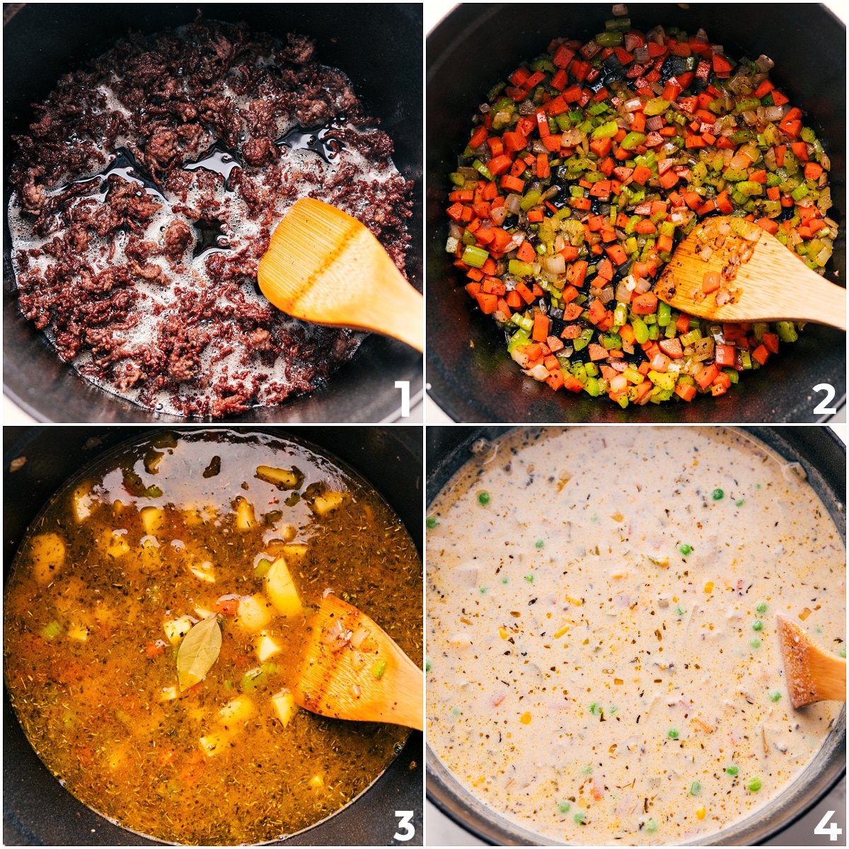 How To Make Shepherd's Pie Soup Ground beef being browned, followed by vegetables sautéing in the pot, then broth and seasonings added in and simmered together with cream before mixing everything and adding the beef back for Shepherd’s Pie Soup.