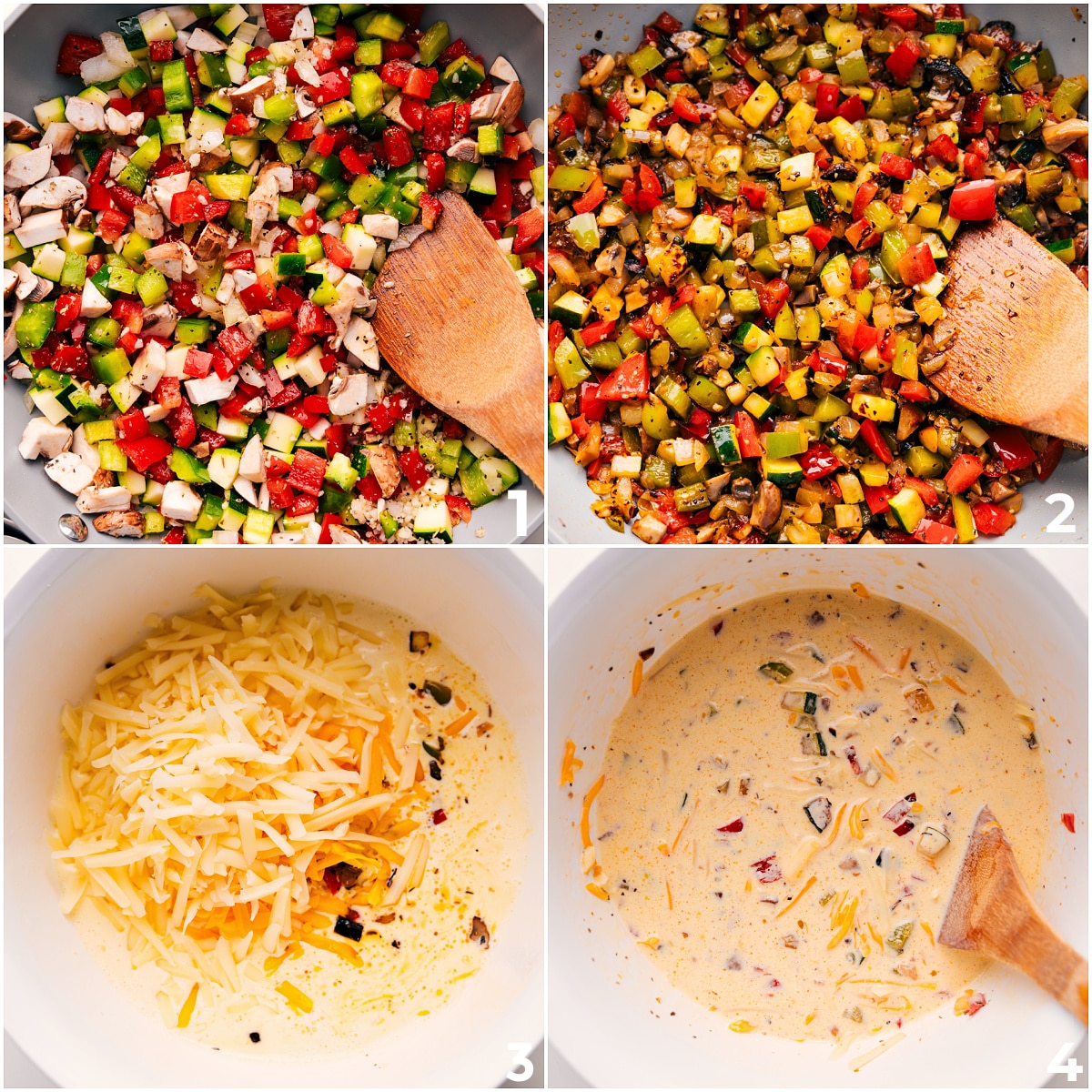 How To Make Veggie Quiche Recipe The sautรฉed veggies being added into the egg and cheese mixture for this veggie quiche recipe.