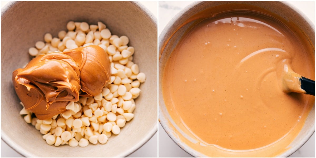 Melting the white chocolate chips and peanut butter together for these white chocolate pretzel clusters.