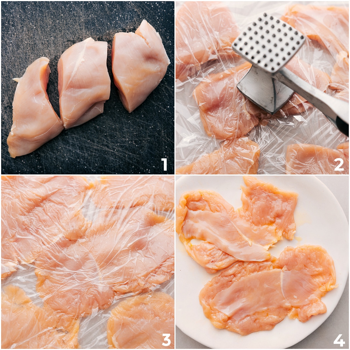 How To Prep The Chicken For This Parmesan Chicken Recipe The chicken being sliced and pound to even thickness for a delicious, juicy, and flavorful parmesan chicken recipe.