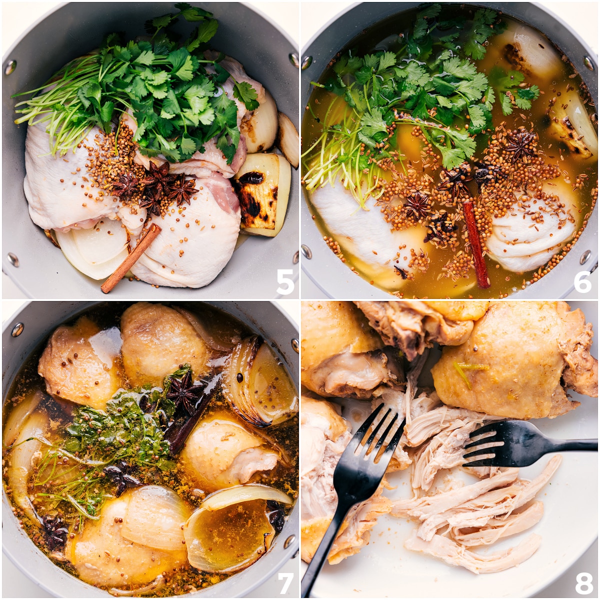 Simple And Fresh Chicken Pho Recipe Chicken, toasted spices, cilantro, and broth added to the pot.