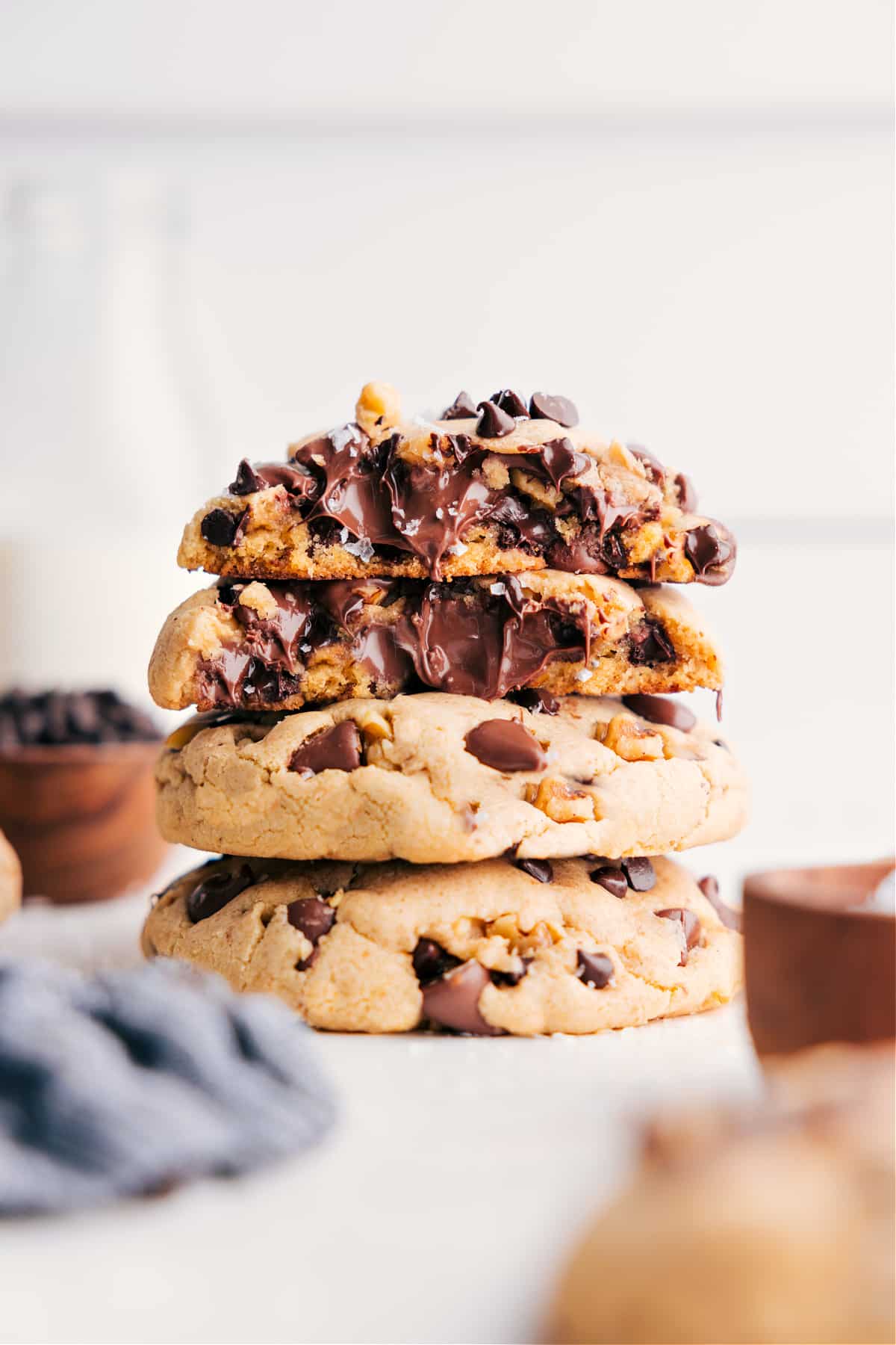 Levain Cookie Recipe stacked on top of each other ready to be enjoyed.