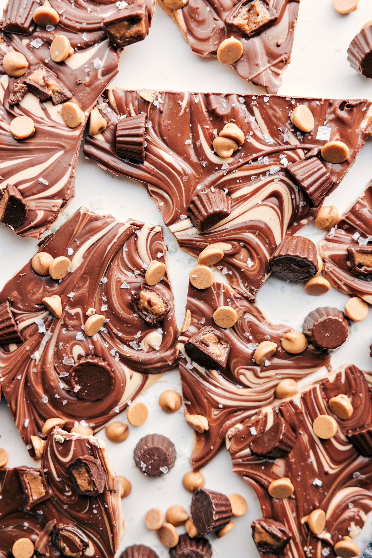 Peanut butter bark broken into pieces to be enjoyed.