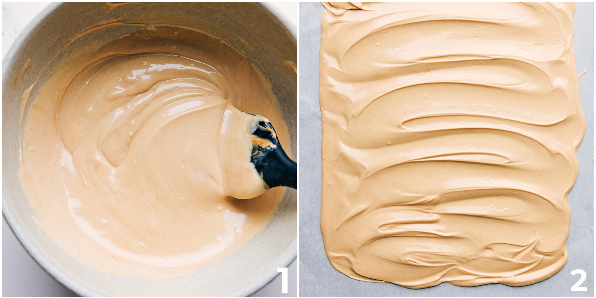 How To Make Peanut Butter Bark The peanut butter and white chocolate base for this peanut butter bark melted together and spread on a sheet pan.