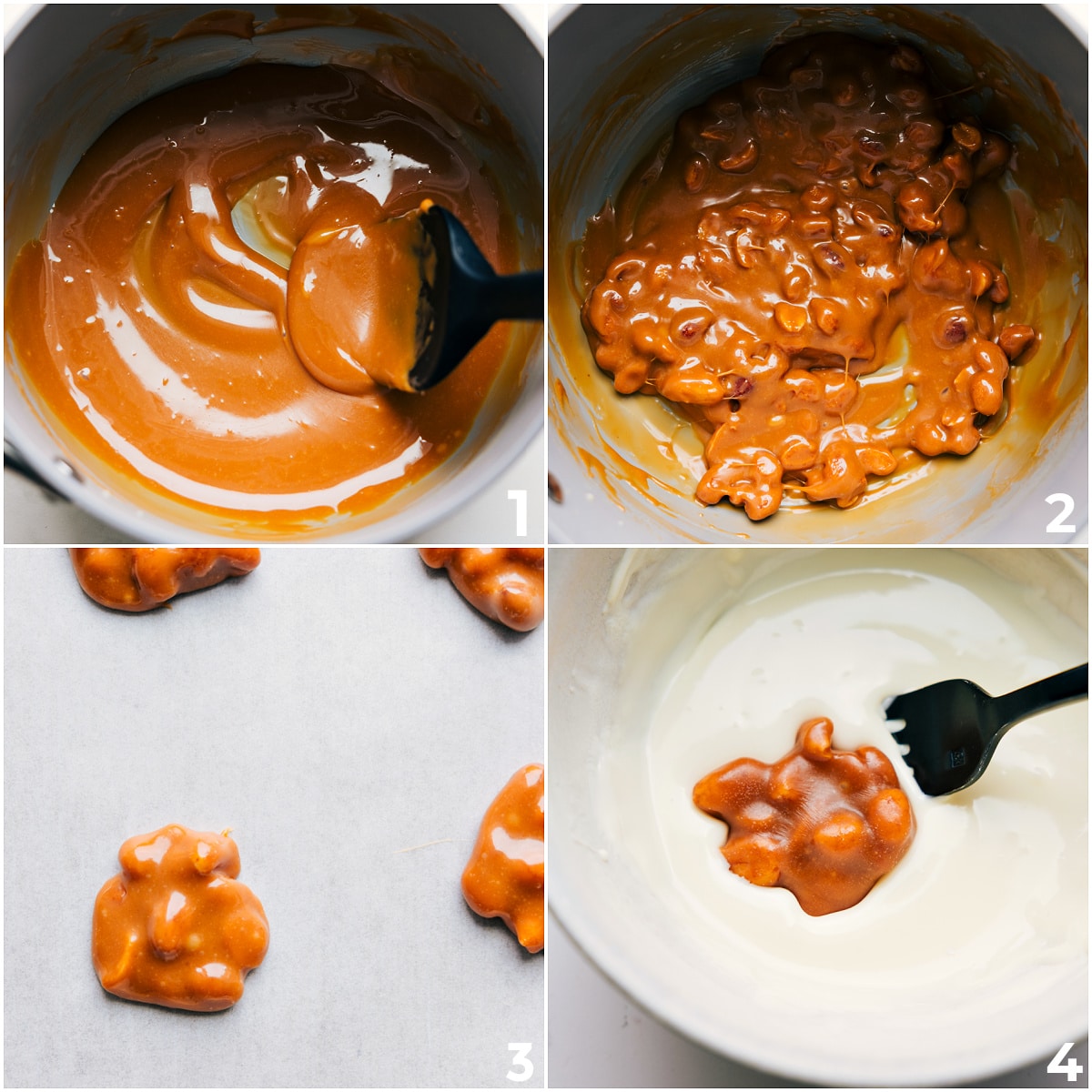 How To Make Polar Bear Paws Caramel melted and mixed with peanuts, left to firm, then dipped in white chocolate to make Polar Bear Paws.
