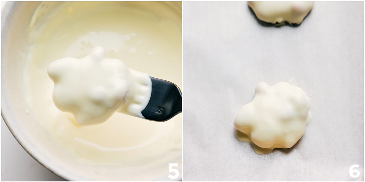 The Perfect Holiday Treat: Polar Bear Paws The treat being dipped in white chocolate.