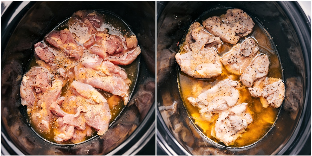 How To Make The Chicken For These Shredded Chicken Recipes The chicken, seasonings, and broth added to a slow cooker to cook the chicken for these shredded chicken recipes.