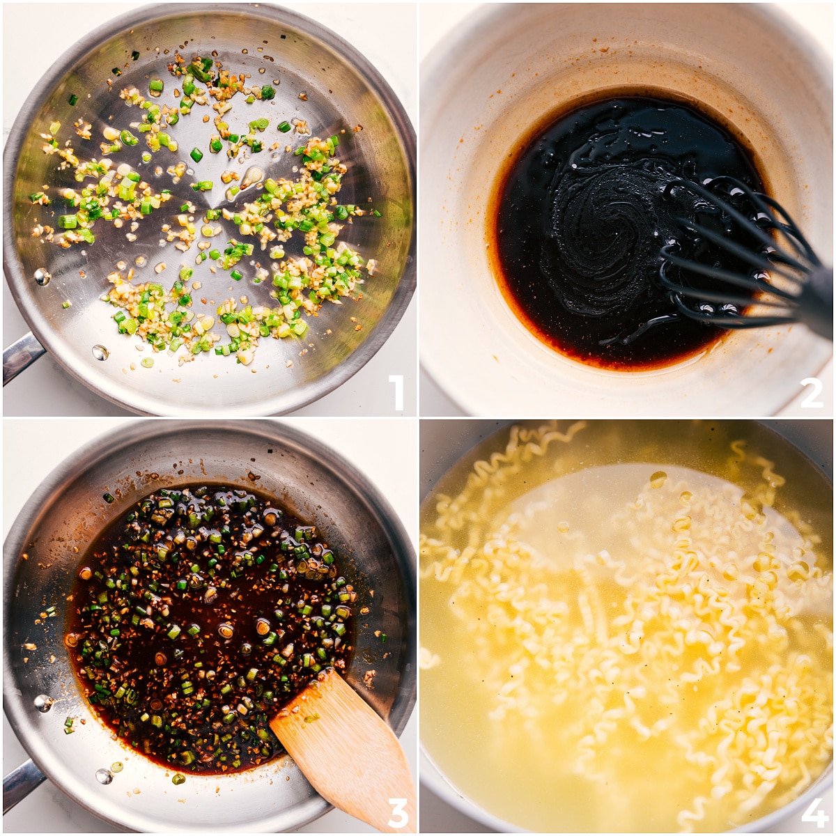 How To Make This Asian Noodle Recipe Green onions and garlic sautรฉing in a pan before adding sauce for this Asian noodle recipe.