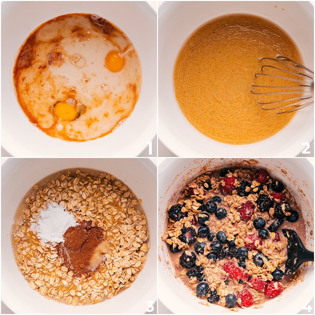 How To Make This Flavorful And Delicious Berry Oatmeal Bake All the ingredients being whisked together in a bowl to form the batter for this berry oatmeal bake.