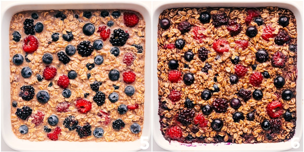 Simple And Delicious Oatmeal Bake With Berries The breakfast being added to a pan and baked up to perfection.