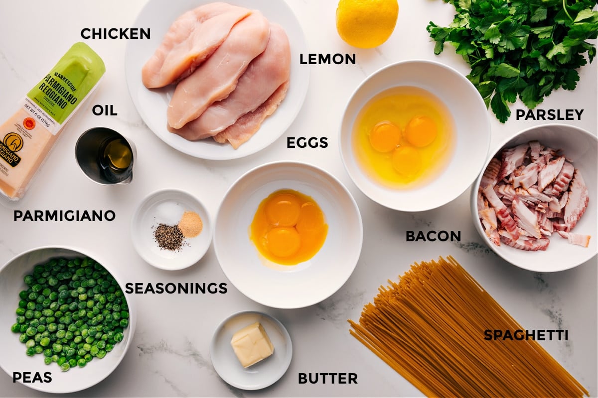 Ingredients In Chicken Carbonara Recipe All ingredients for this recipe laid out, including chicken, bacon, eggs, spaghetti, parmesan, peas, and lemon.