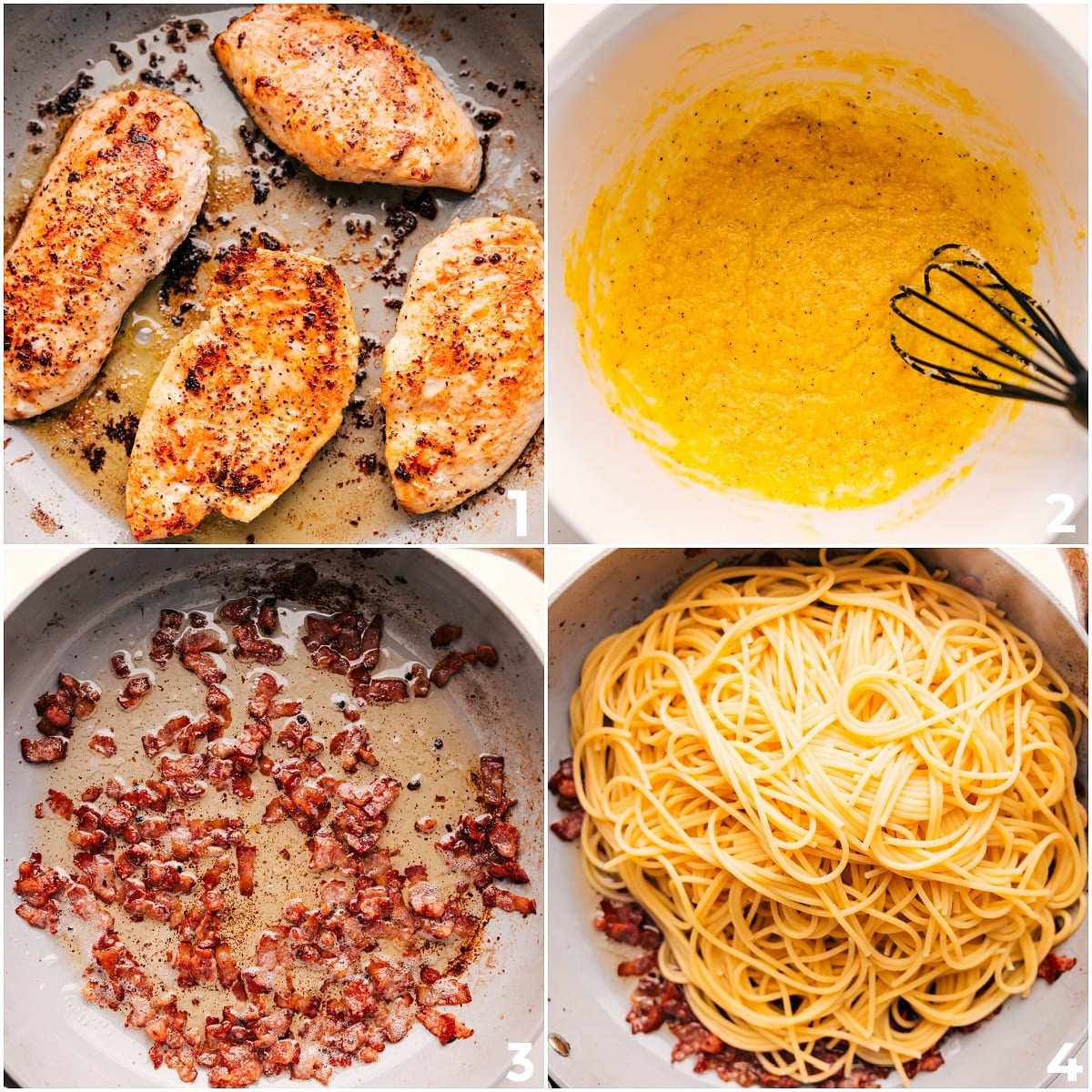 How To Make Chicken Carbonara Recipe Chicken cooking while egg sauce is whisked and bacon crisps for this chicken carbonara recipe.
