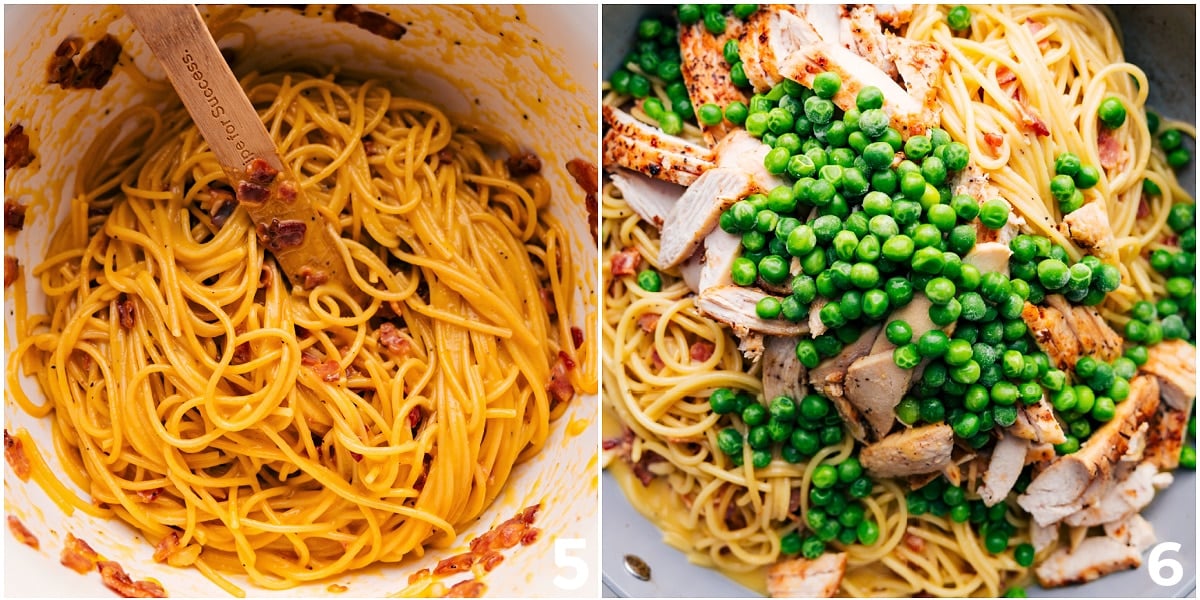 This Chicken Carbonara Recipe Feels Fancy But Couldn't Be Easier To Make The dish mixed together with the egg mixture and topped with the peas and chicken for a delicious dinner.