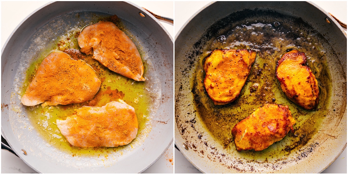 How To Make Chicken Lettuce Wraps The chicken being cooked to perfection in a pan to use in these chicken lettuce wraps.