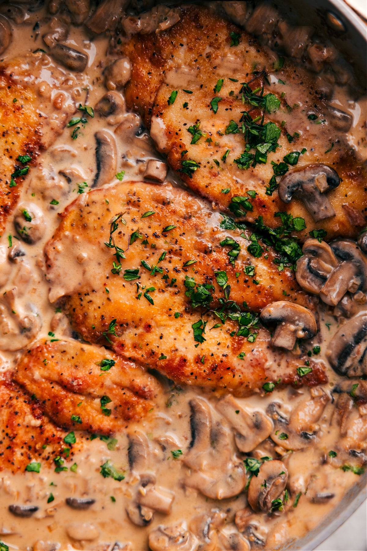 Chicken Marsala Recipe in the pot with fresh parsley chopped on top.