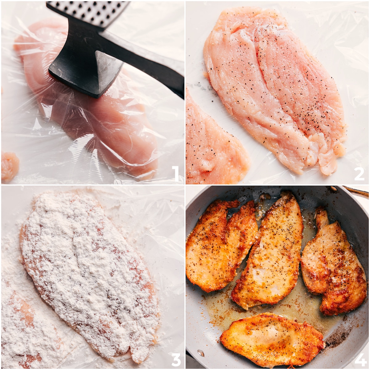How To Make Chicken Marsala Recipe Chicken being prepped for this chicken marsala recipe by pounding the breasts to even thickness, then coating them in flour and cooking in oil.