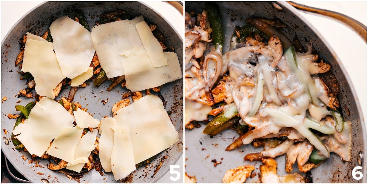 Melting Cheese On Top of The Chicken And Veggies The cheese added over the chicken and veggies to melt on top so it can be transferred straight to a bun.