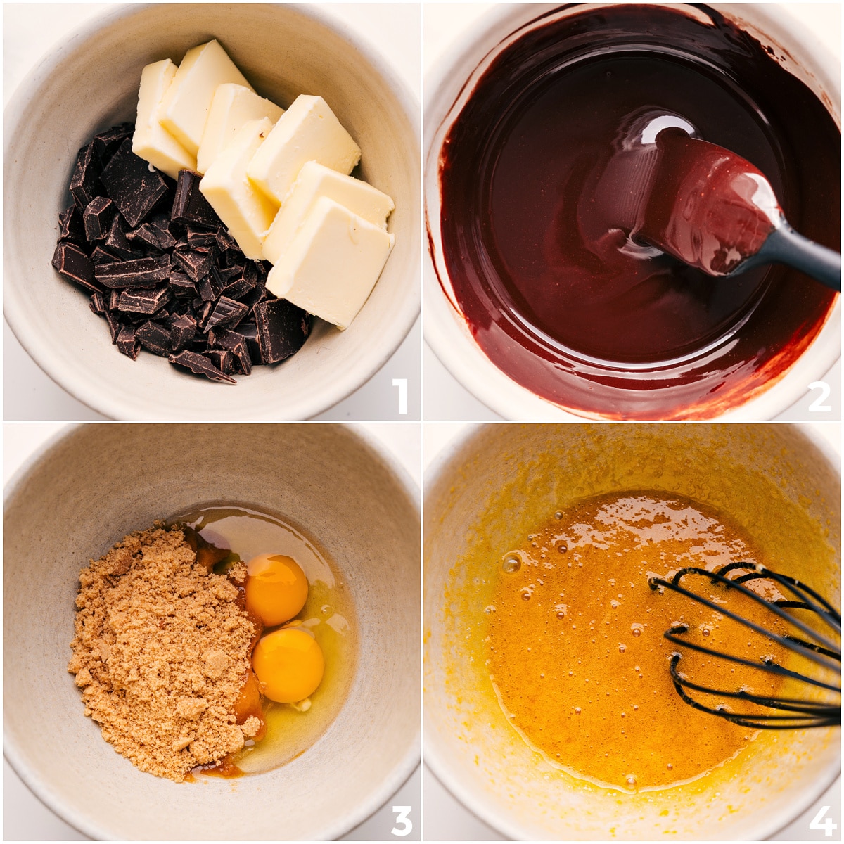 How To Make Chilis Lava Cake Chocolate and butter melting together while eggs and brown sugar are whisked for Chilis lava cake.