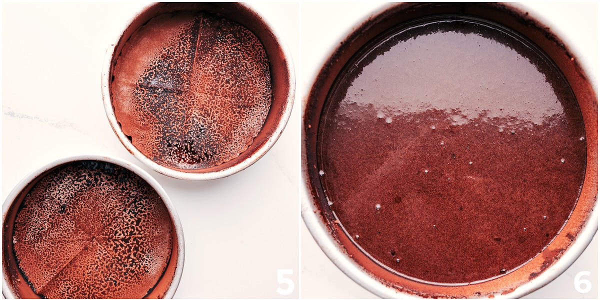 Cake pans greased and dusted with cocoa powder, then filled with batter for this chocolate cake recipe.