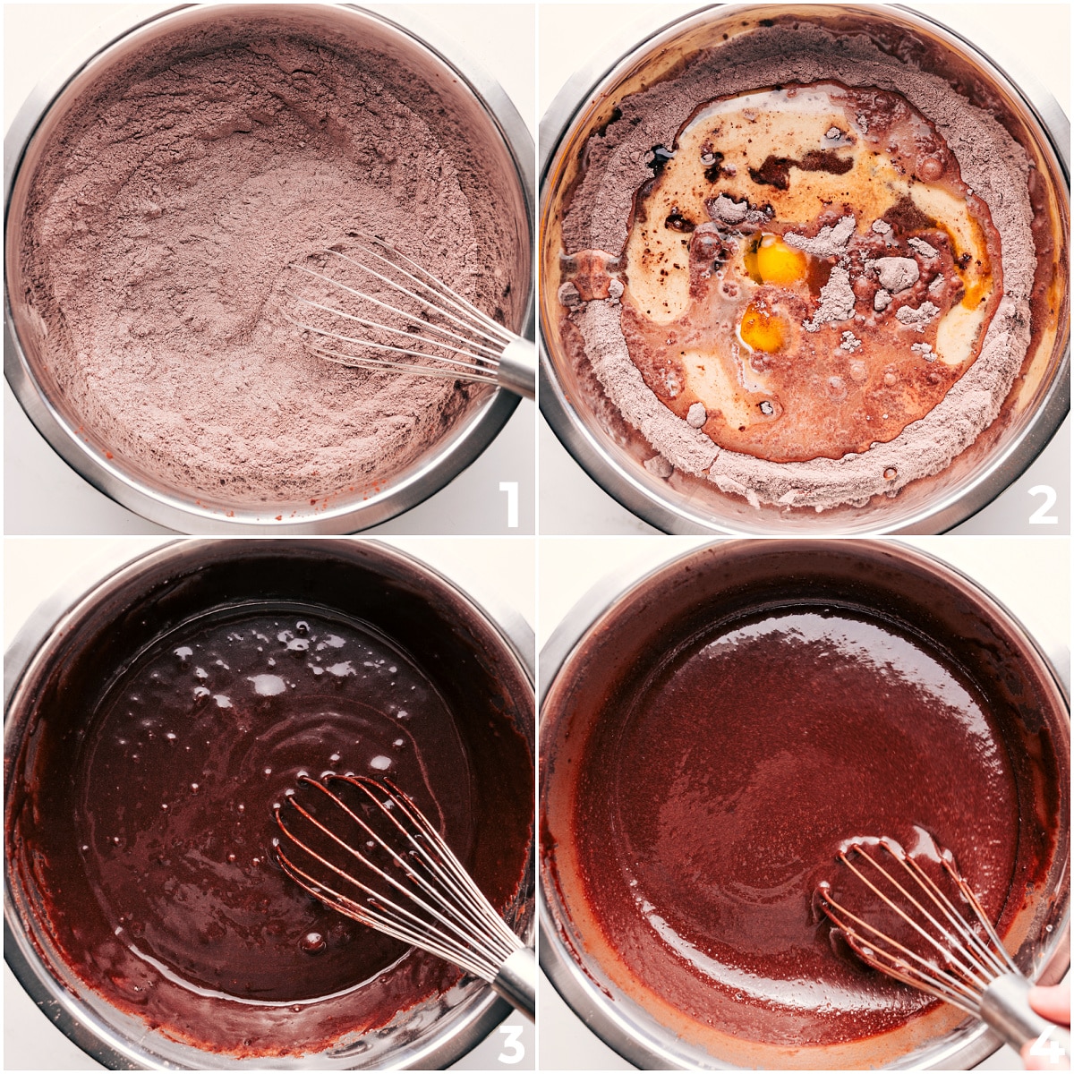 How To Make This Chocolate Cake Recipe The wet and dry ingredients being mixed together to make the batter for this recipe.