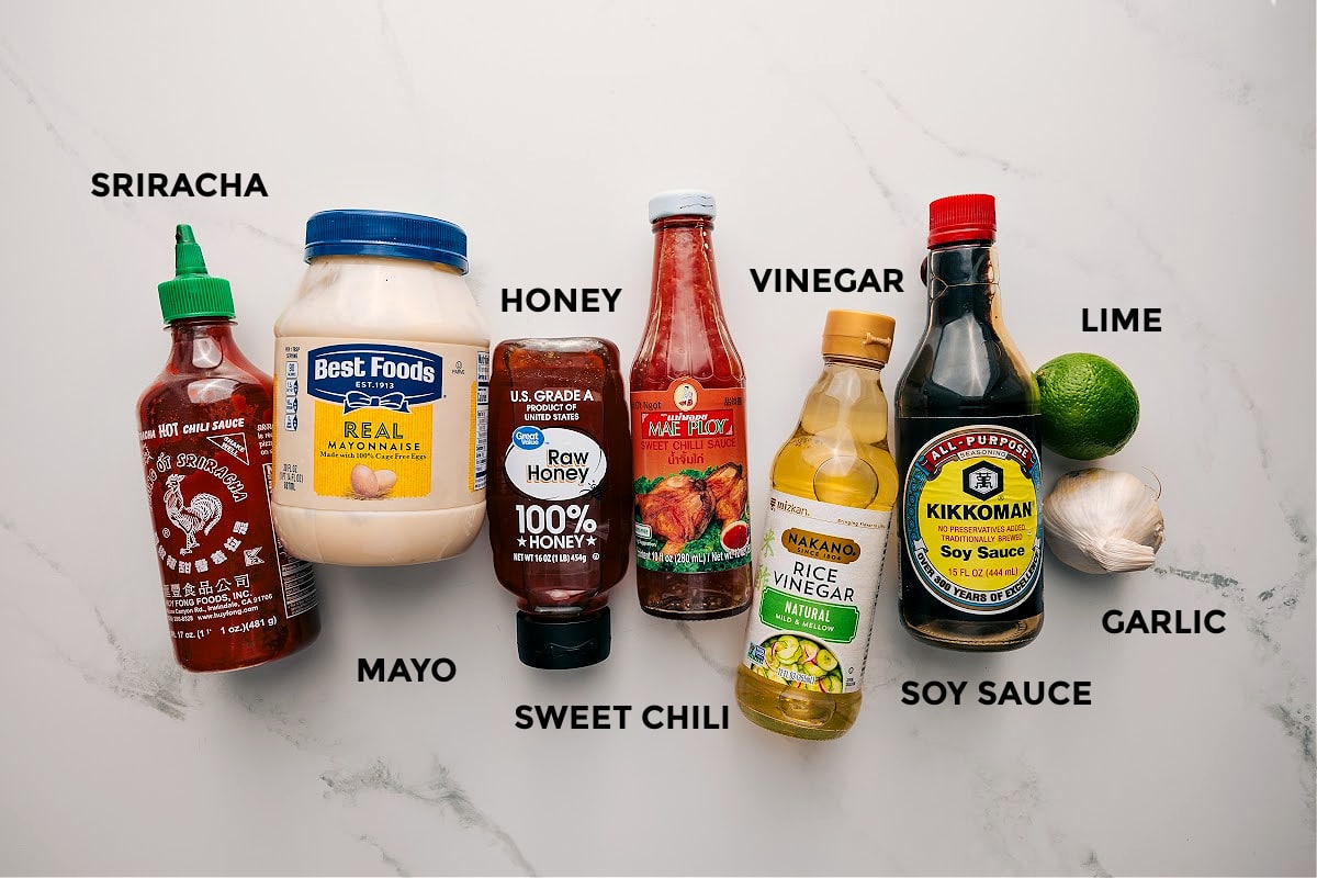 Dressing Ingredients Used In Soba Noodle Salad Recipe All the dressing ingredients for this soba noodle salad recipe prepped out for easy assembly including the sriracha, mayo, honey, sweet chili, vinegar, soy sauce, garlic, and lime.