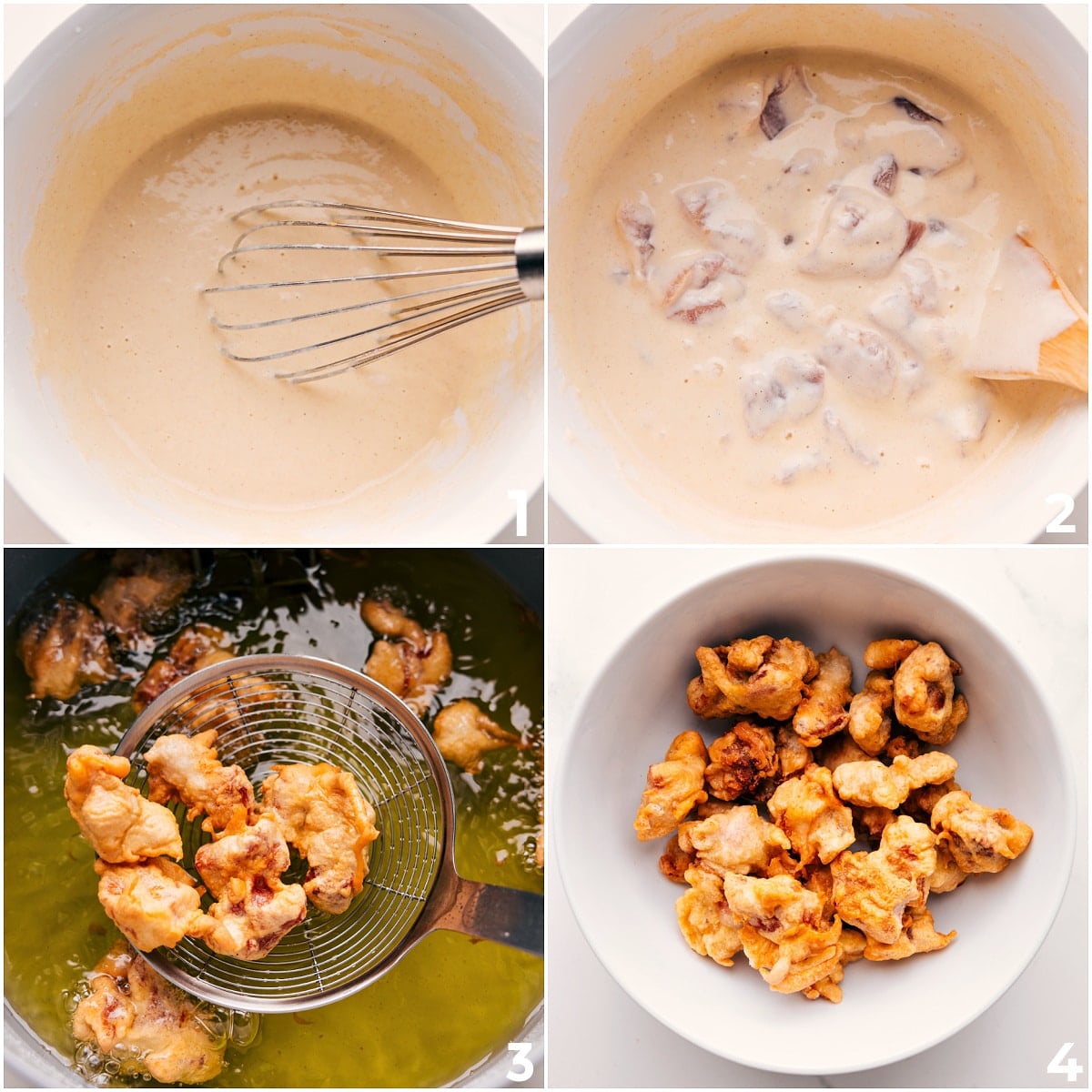 How To Make Korean Chicken Recipe The chicken whisked into a batter and then deep fried and added to a bowl.