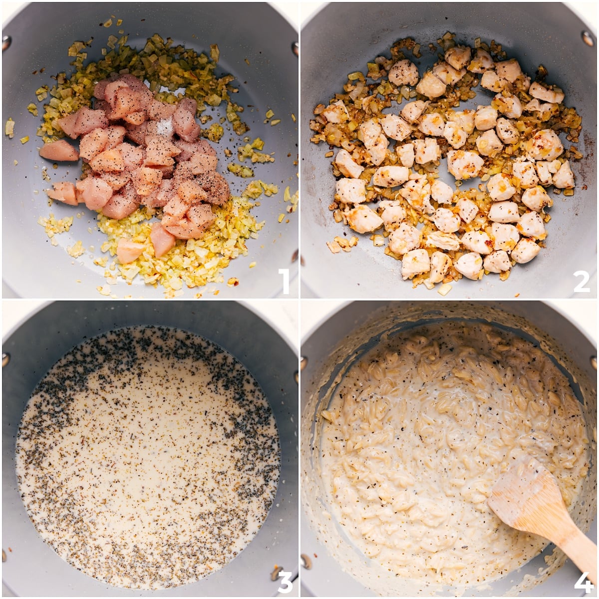 How To Make Lemon Chicken Orzo Recipe Onion and garlic sautรฉed in a skillet with chicken cooking through before the cream, broth, and orzo are added for this lemon chicken orzo recipe.
