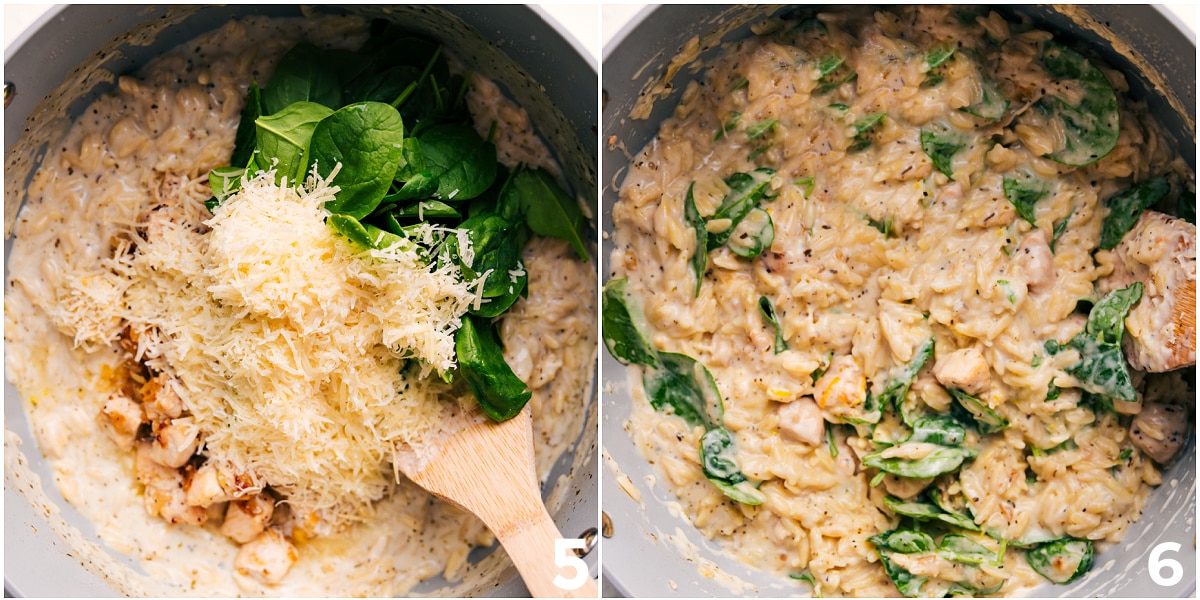 The Perfect Weeknight Dinner: Lemon Chicken Orzo Recipe Spinach and Parmesan stirred into the pot to finish this easy one pot dinner.