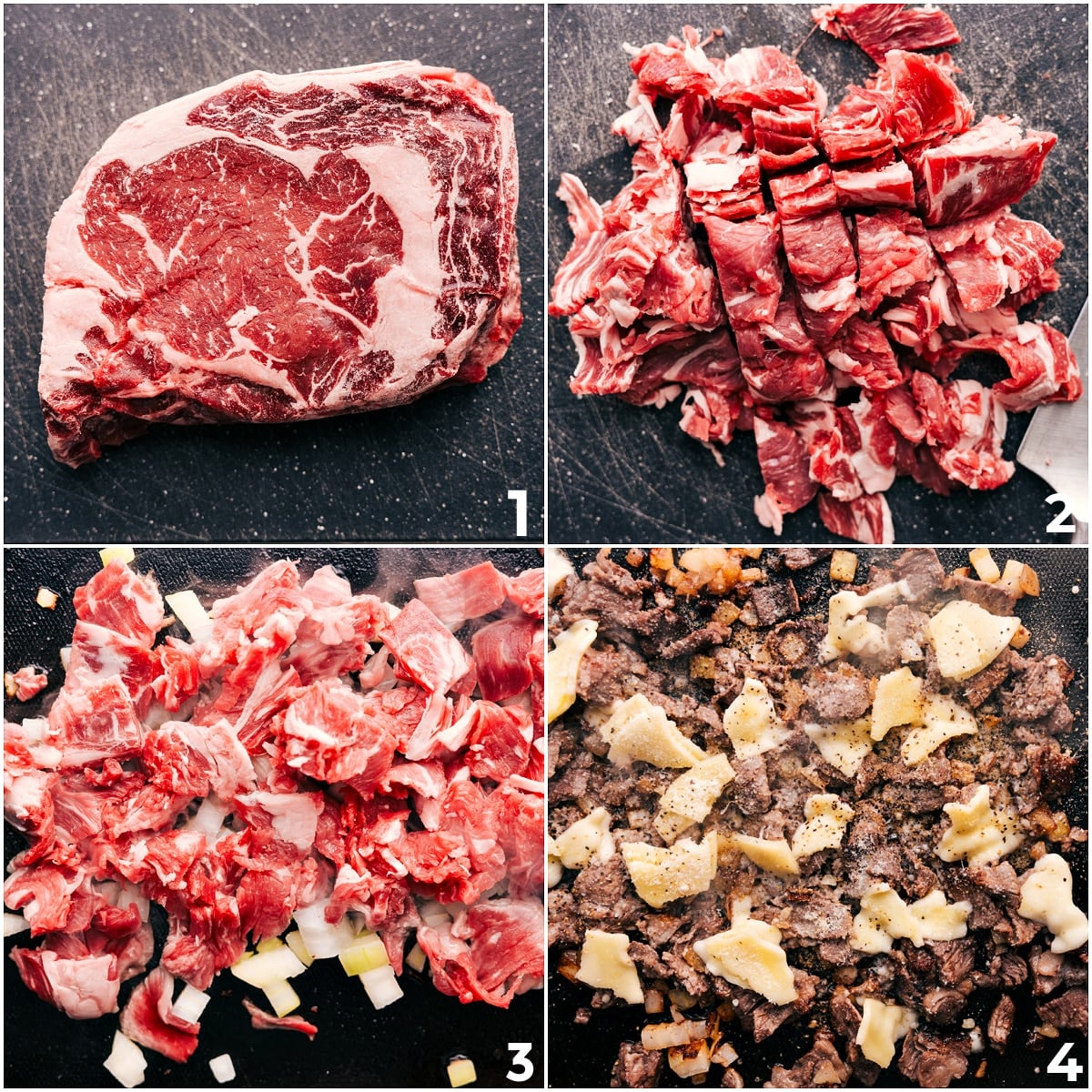 How To Make This Philly Cheesesteak Recipe Ribeye being shredded and cooked with seasonings and provolone for this Philly cheesesteak recipe.