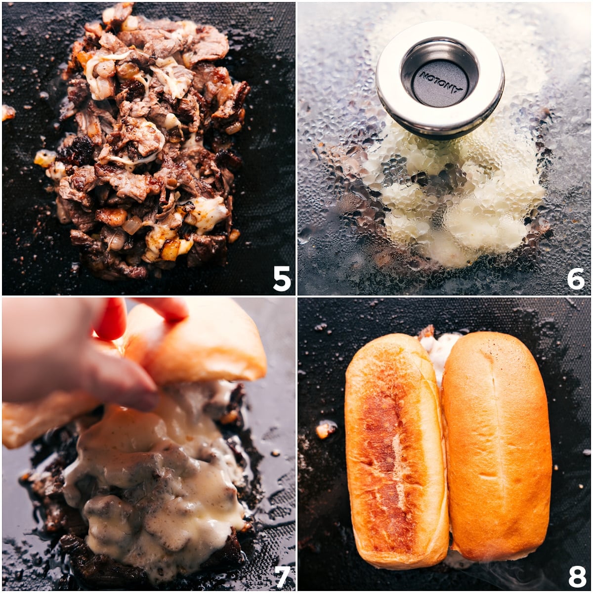 Flavor-Packed And Delicious Philly Cheesesteak Recipe Additional cheese being melted on top of the meat and then the bun being added on top to warm through.