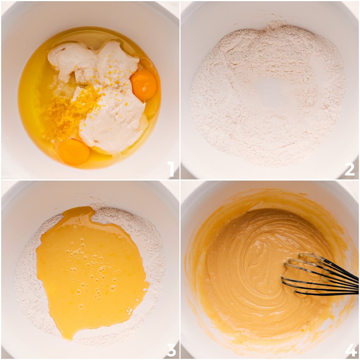 How To Make This Lemon Bread Recipe The wet and dry ingredients in this lemon bread recipe whisked together in a bowl.