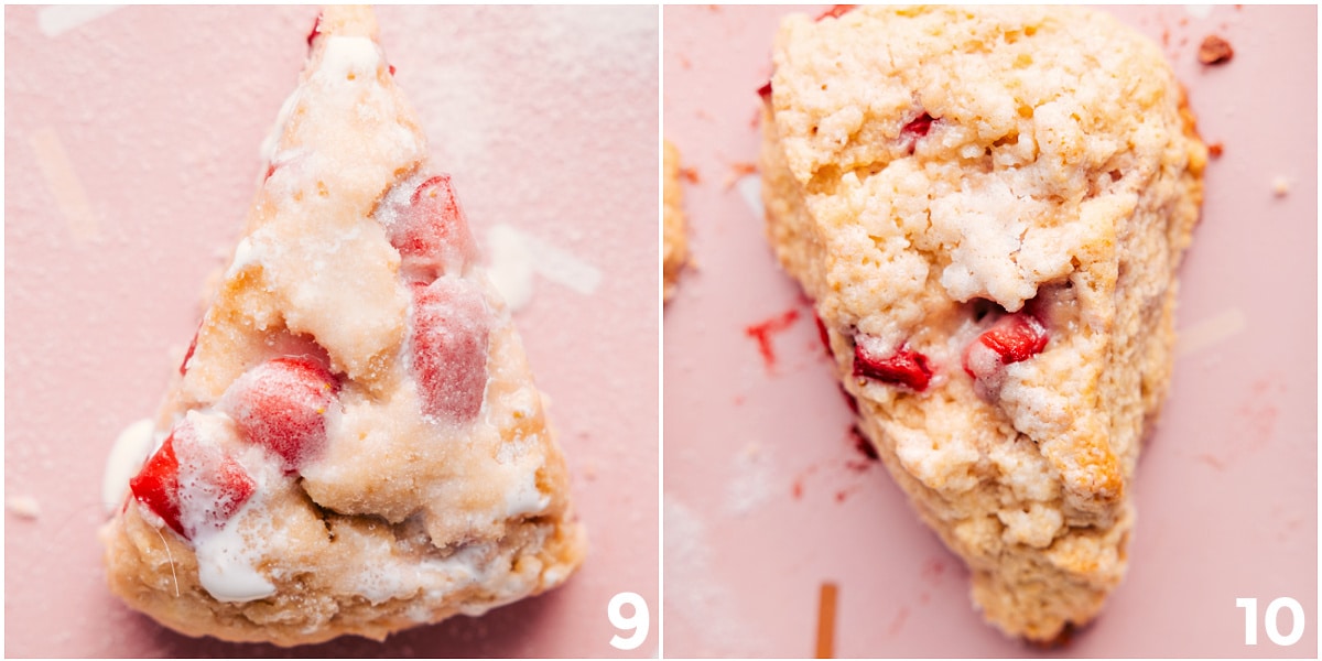 Freshly Baked Strawberry Scones Recipe The strawberry scones recipe being brushed with heavy cream and baked to perfection.