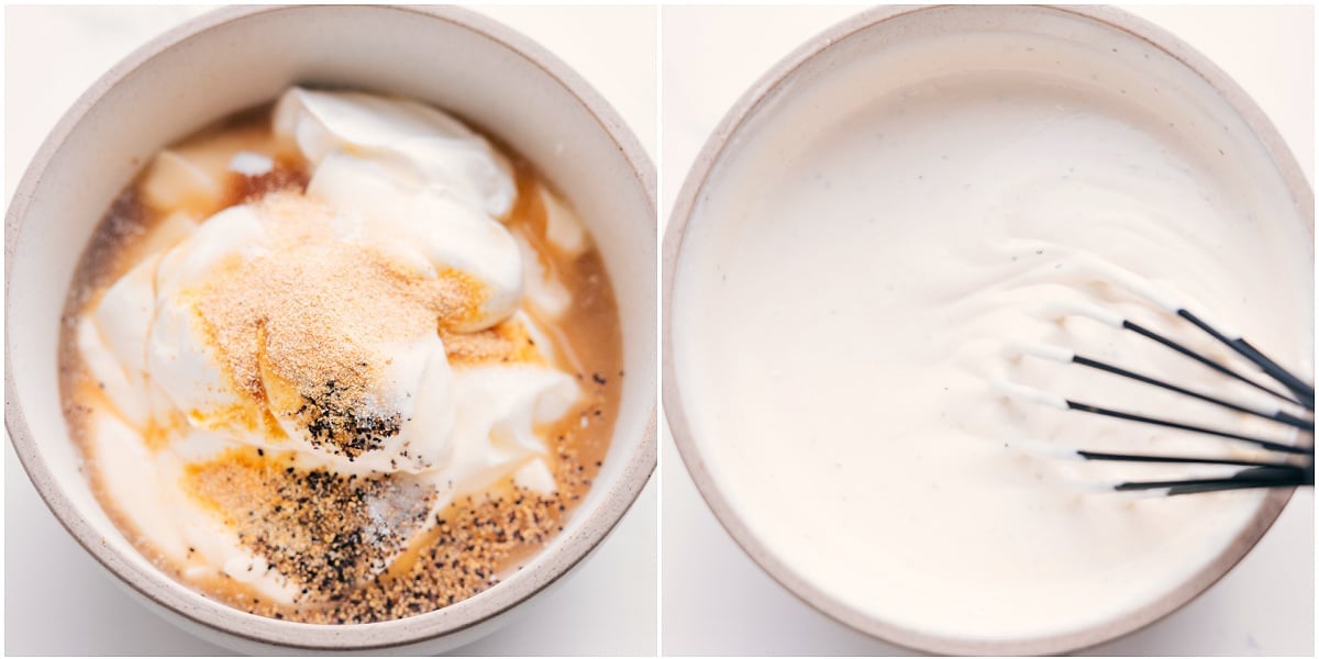 How To Make The Dressing For This 7 Layer Salad The dressing being whisked together in a bowl.