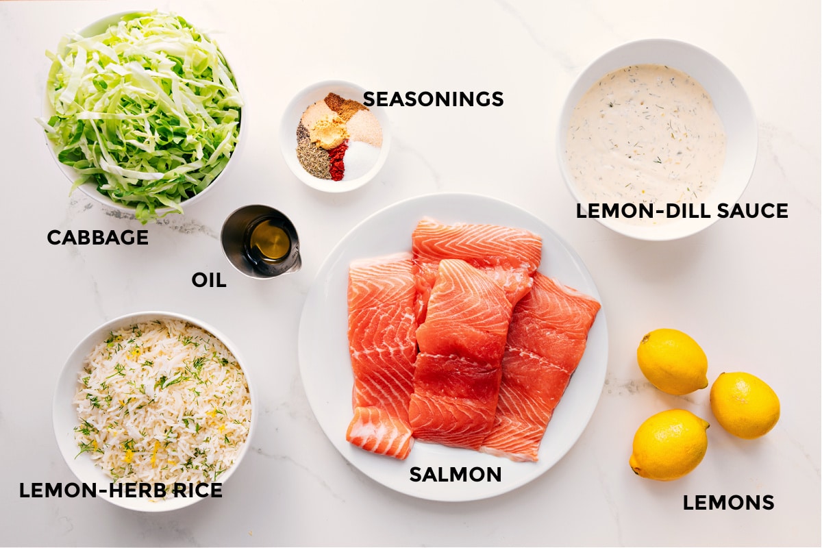 Ingredients In This Blackened Salmon Recipe All the ingredients in this recipe prepped out for easy assembly including the cabbage, lemon-herb rice, oil, seasonings, salmon, lemon-dill sauce, and lemons.