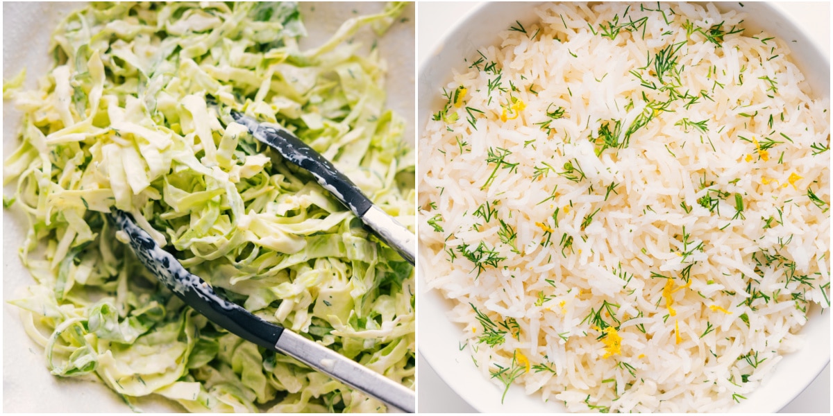The Best Blackened Salmon Recipe The lemon dill slaw and lemon rice prepped out for this blackened salmon recipe.