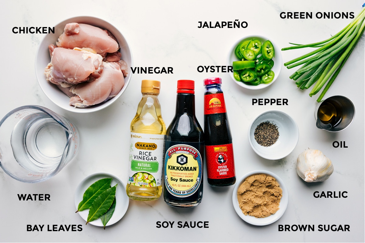 Ingredients In Chicken Adobo Recipe All ingredients for the recipe prepped and ready, including chicken, water, bay leaves, vinegar, soy sauce, oyster sauce, jalapeรฑo, pepper, brown sugar, garlic, green onions, and oil.
