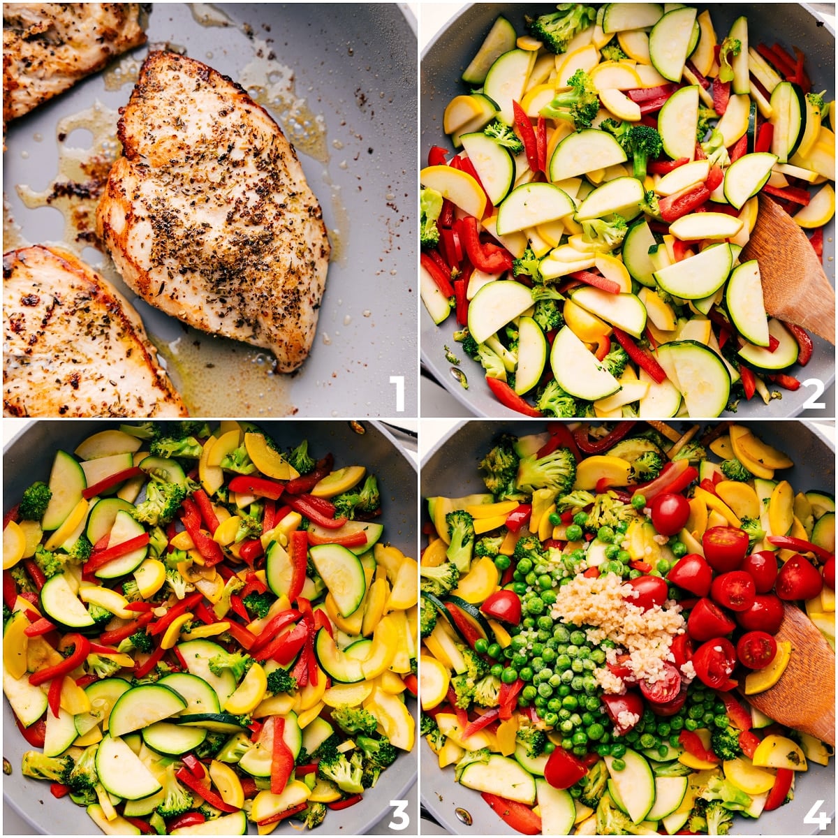 How To Make Chicken Primavera Chicken cooking in a skillet, followed by fresh vegetables sautรฉed until tender for this Chicken Primavera recipe.